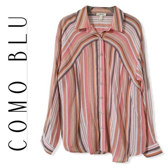 ✨️4/$20. COMO BLU Retro Striped Long Sleeve, Linen Look. Multi-Color, 70's - Picture 1 of 12